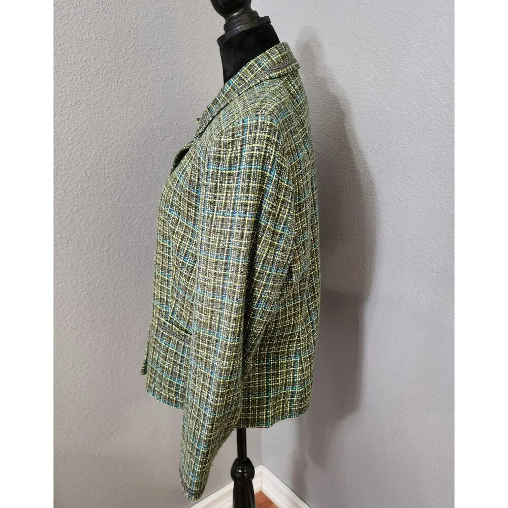 JM‎ Collection Womens Tweed Button-Up Blazer Size 12 Green Blue Pockets Lined
